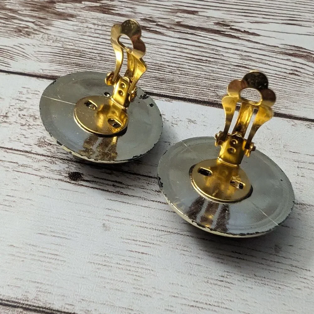 Vintage Clip On Earrings - Domed Patterned Brown with Gold Tone Halo